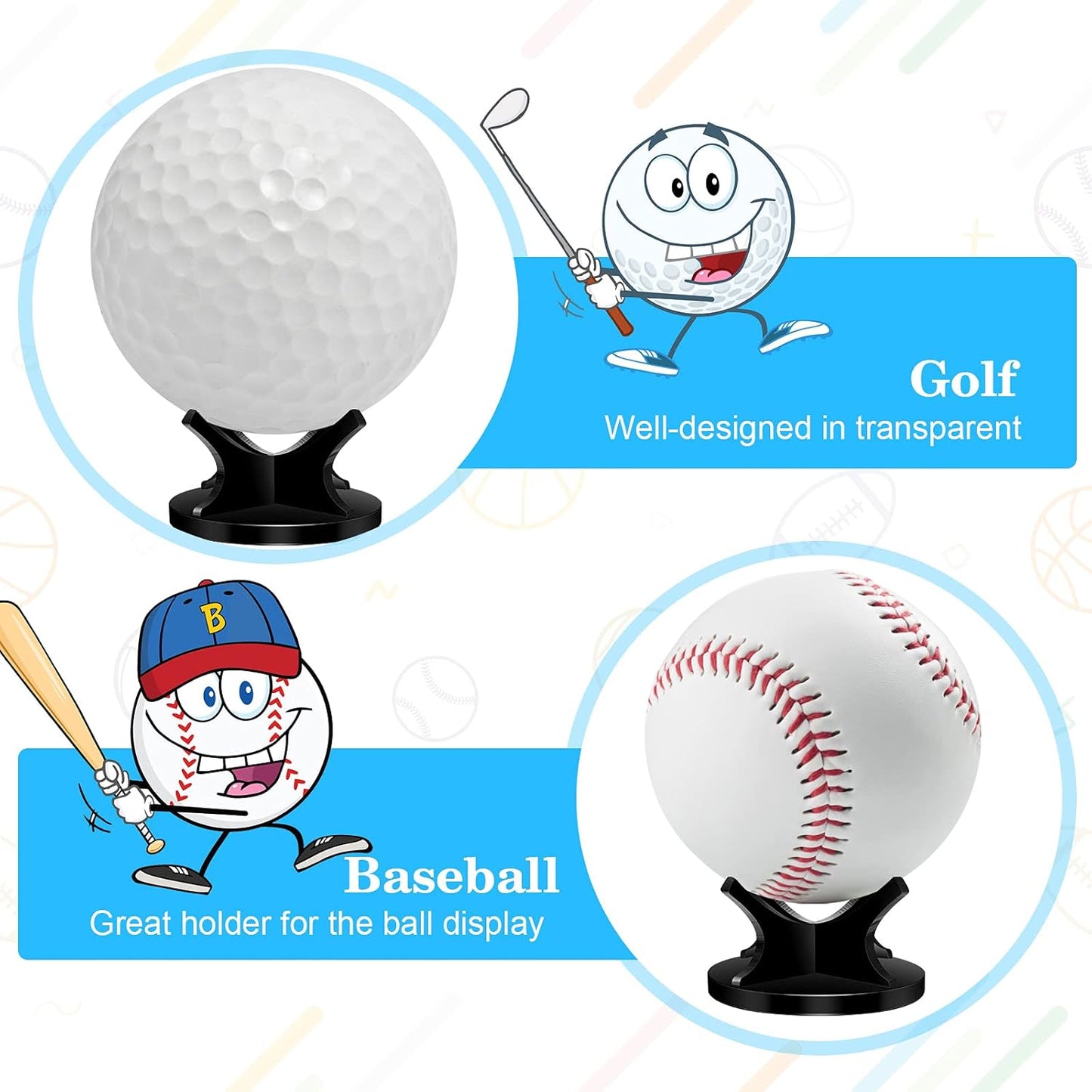 3 Pieces Acrylic Small Ball Stand Holder Sport Ball Display Rack Baseball Display Stand with 3 Pieces Non-Slip Rubber Pads for Baseball Golf Softball Tennis Spheres
