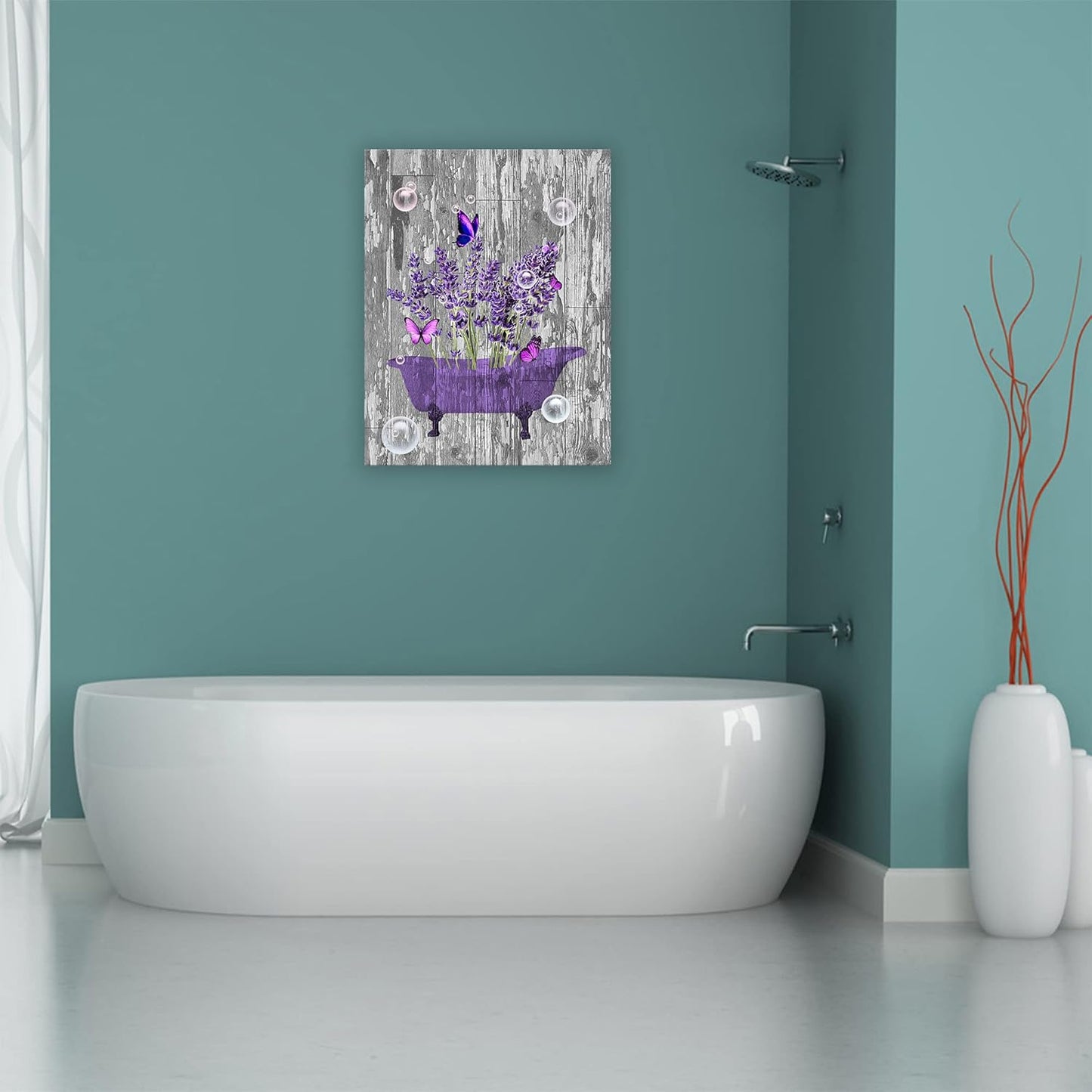 Lavender Bathroom Decor Wall Art Purple Farmhouse Bathroom Pictures for Wall Rustic Butterfly Bathtub Artwork Vintage Country Bathroom Grey White Painting Framed Bath Laundry Decorations 16"x24"