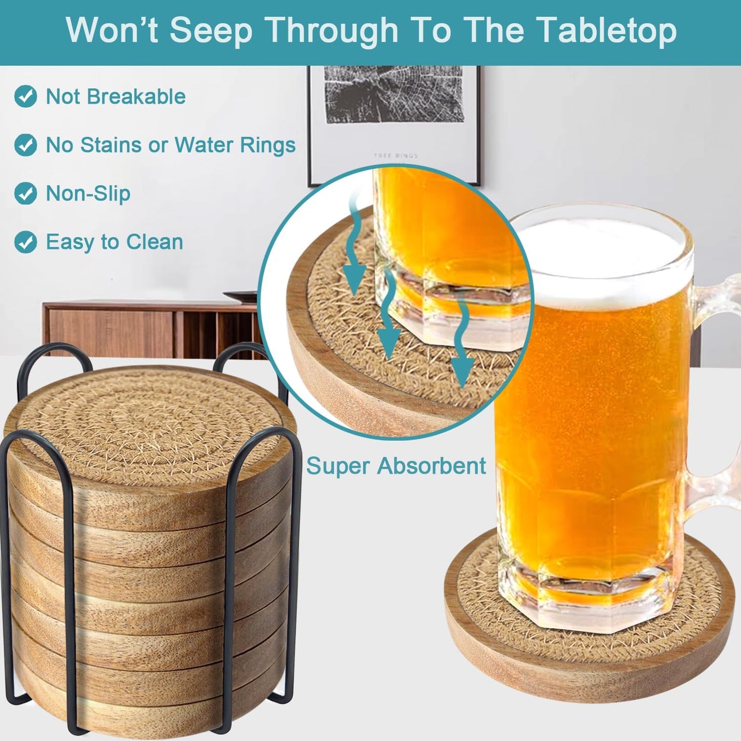 Wood Coasters for Drinks, Absorbent Coaster Sets of 8, Woven Drink Coasters for Coffee Table, Housewarming Gift for Farmhouse Home Decor,4.3 inches Brown