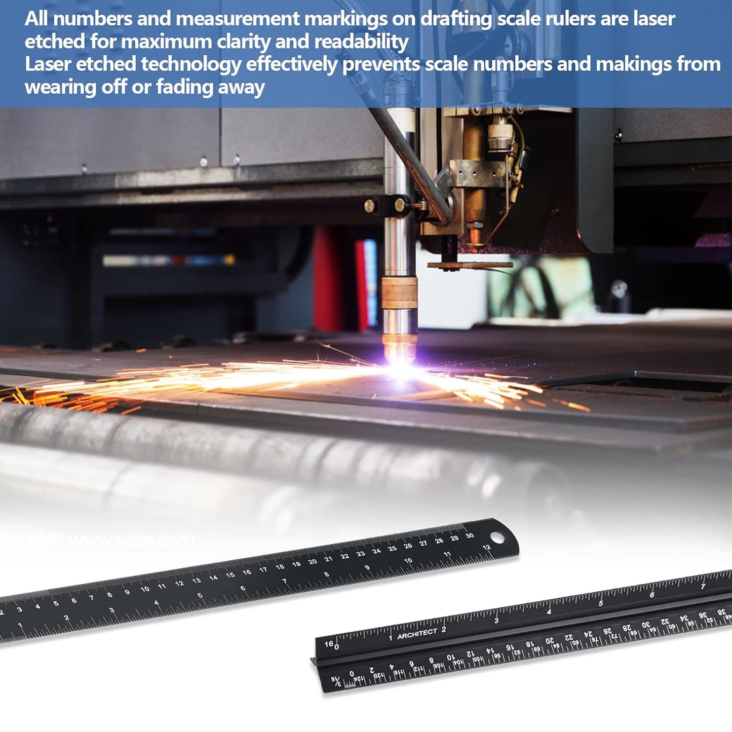 Architectural Scale Ruler with Straight Ruler, 12 Inches Imperial Measurements, Blcak Laser-Etched Aluminum Architect Triangular Ruler for Architects, Engineers, Architects, Students and Draftsman