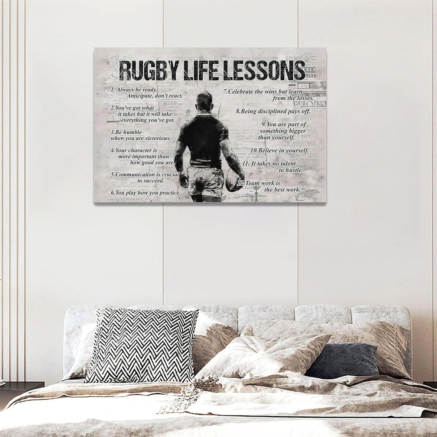 Rugby Life Lessons Wall Art Rugby Sports Wall Decor Rugby Sign Retro Poster Boy Men Motivational Decorations Canvas Print Painting Artwork for Bedroom Bathroom Living Room Gym 24"x16"