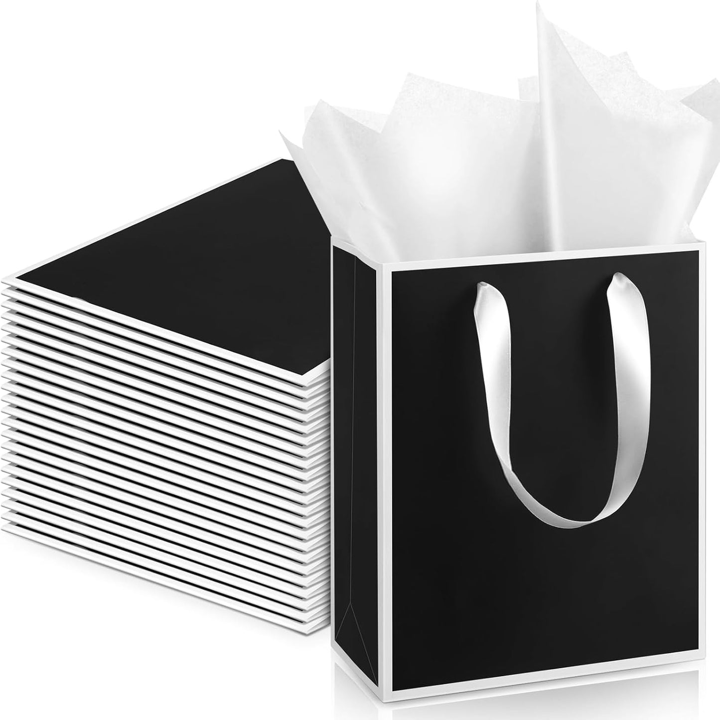 Yeaqee 24 Pack Metallic Paper Gift Bags with Handle and Tissue 9x7x3.1 Gold Foil Welcome Favor Bags Return Gifts for Wedding Fall 5 Senses Christmas Bridesmaid Birthday(Black, White)