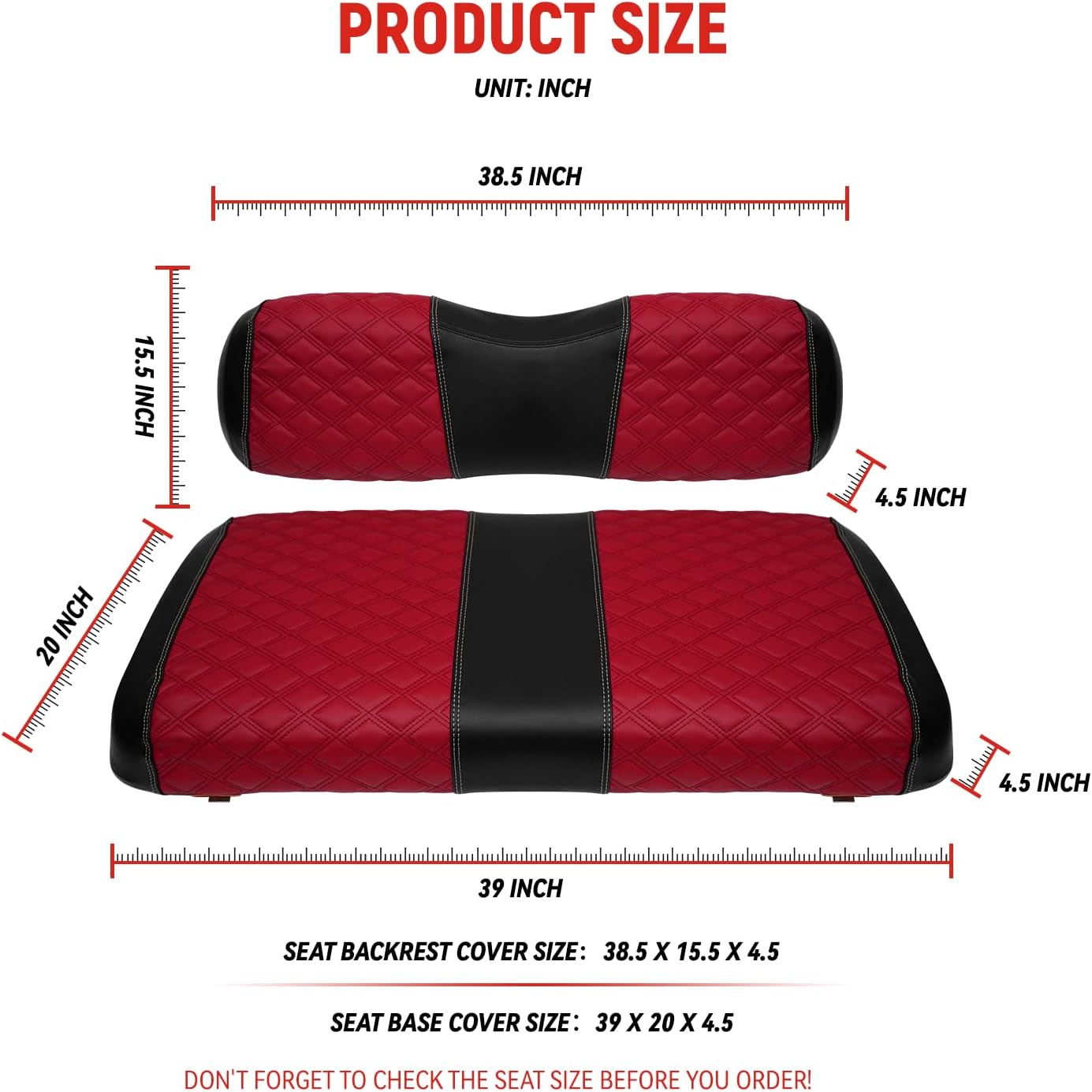 Golf Cart Seat Covers for EZGO TXT 1994-2013 Front OEM Universal Seat Cushion, Marine Grade Vinyl Leather EZGO TXT Seat Covers/Easy to Install-Deep Red (2PCS)
