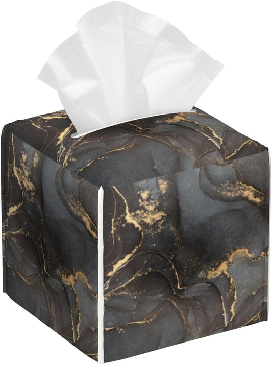 Tissue Box Cover Square,Black Gloden Fluid Marble Tissue Box Holder Waterproof Leather Facial Paper Case Modern Home Decoration for Bedroom Dresser Night Stand Office Desk