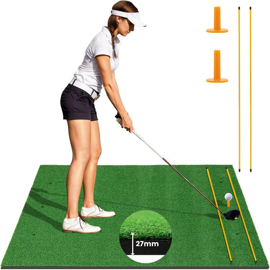 Goplus Golf Mat, 5x3ft/5x4ft Golf Hitting Mat 20/25/27/32mm Thick w/2 Alignment Sticks & 2 Golf Tees, Portable Artificial Turf Grass Training Mat Practice for Indoor Outdoor