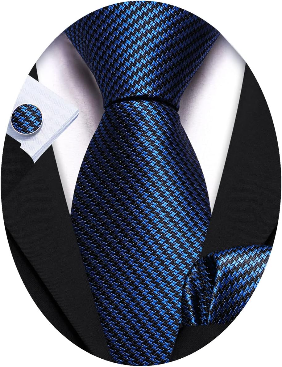 Barry.Wang Designer Classic Ties for Men Set Formal Pocket Square Cufflink Check Plaid