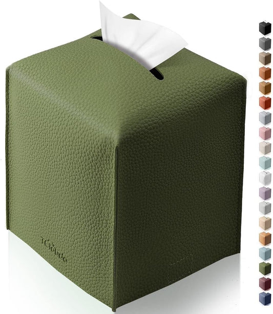 Tissue Box Cover for PU Leather, Modern Simple Solid Color Holder Square Tissue Bag, Ideal for Bathrooms,Office,Car,Nightstand,Outdoor Tent,Dining Table,5"X5"X5", Single Green