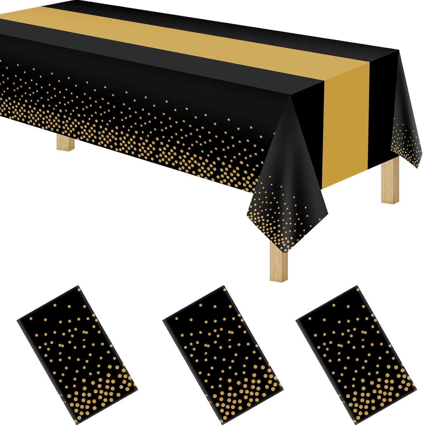 3 Pack 2in1 Disposable Plastic Tablecloths 54" x 108" Black and Gold Dot Kitchen Table Cloth Rectangle Table Cover for Wedding Birthday Baby Shower Anniversary Christmas Graduation
