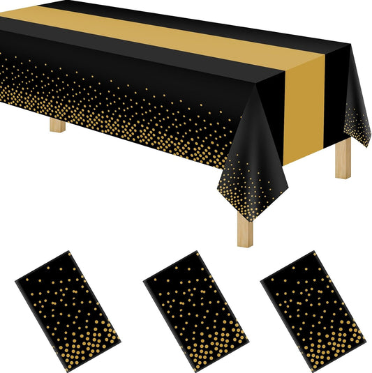 3 Pack 2in1 Disposable Plastic Tablecloths 54" x 108" Black and Gold Dot Kitchen Table Cloth Rectangle Table Cover for Wedding Birthday Baby Shower Anniversary Christmas Graduation
