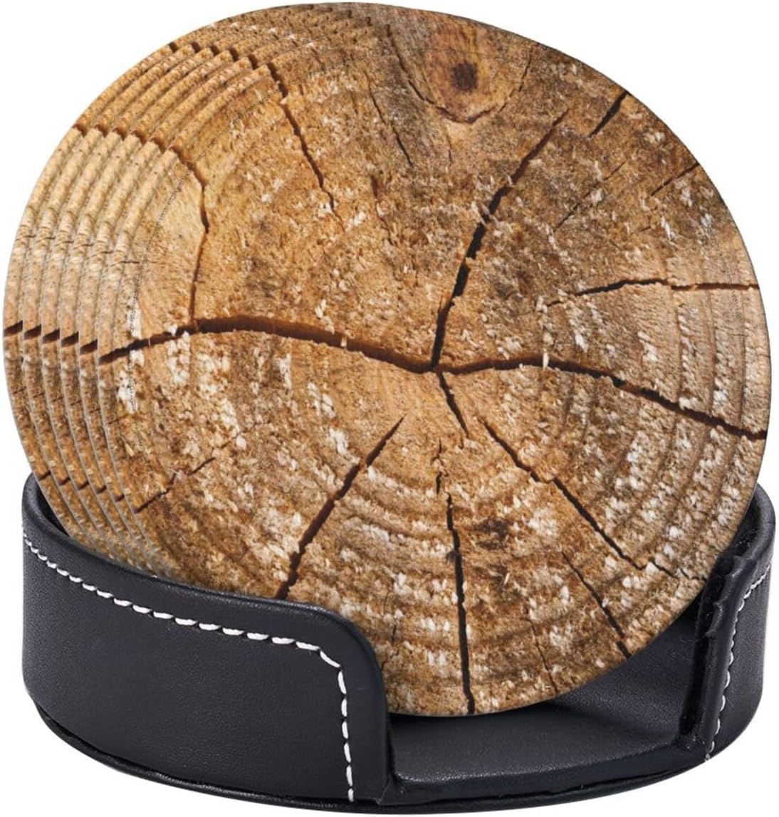 Tree Rings Wooden Old Wood Rustic Coasters for Drinks Round Leather Coaster with Holder Set of 6 for Tabletop Protection Desk Accessories Office Home Room Decor