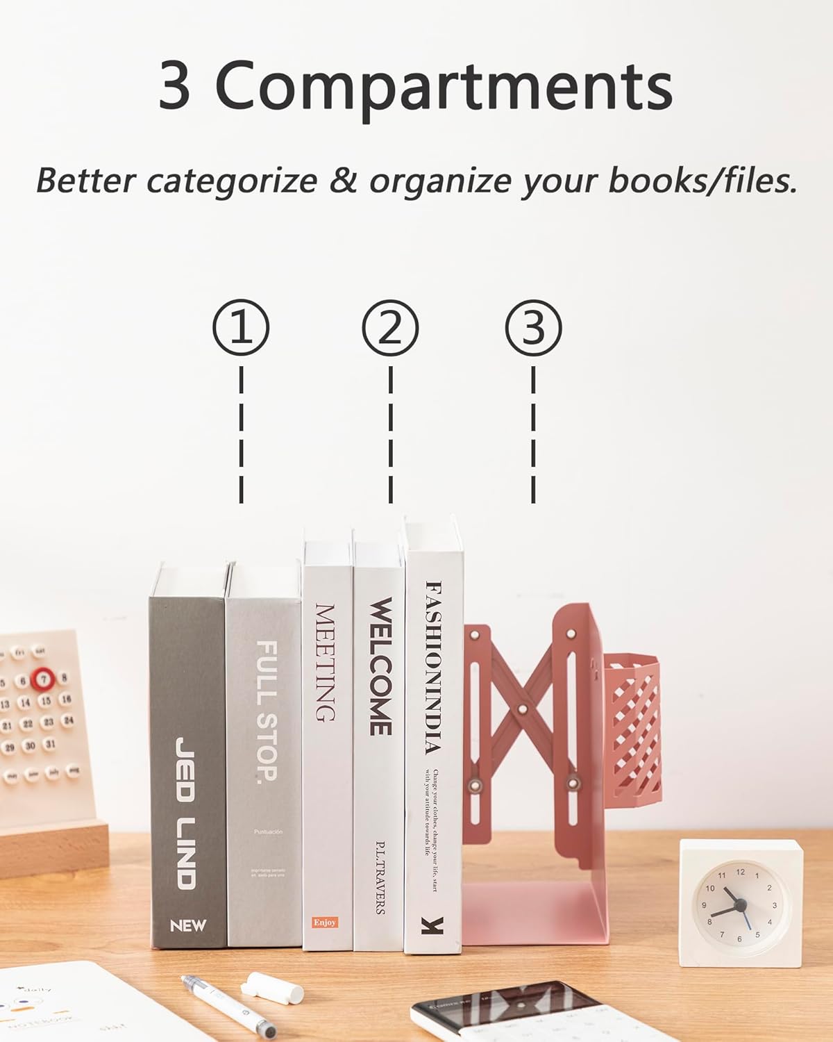 Kingsmile Book Ends, Adjustable Bookends for Shelves, Metal Bookends for Heavy Books, Book Stopper Organzier with Pen Holder for Desk, Kids Room, Office, Classroom, Library, Study Room.(Pink)