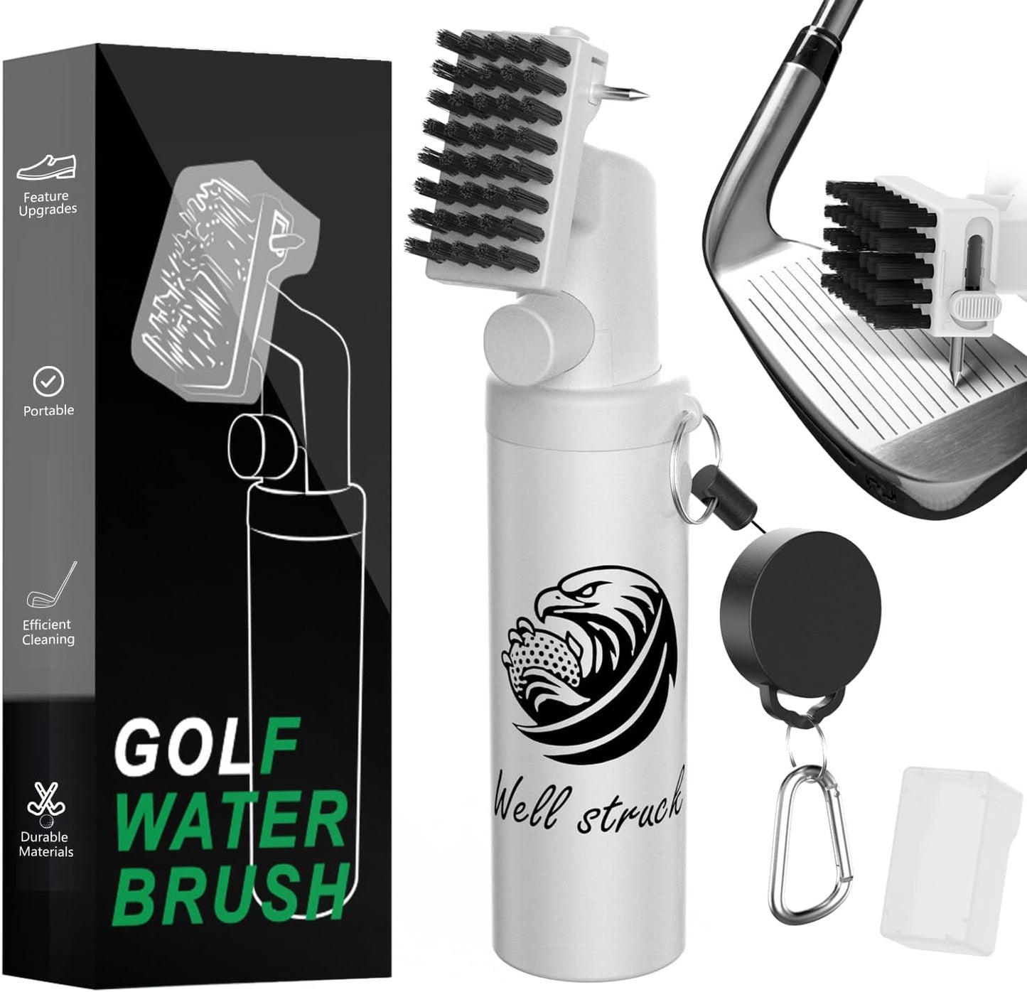 Pro Golf Club Cleaner - 4oz Water Bottle with Groove Cleaner and Retainer Clip, Durable Nylon Bristles for Easy Cleaning, Ergonomic Button Design, Golf Gifts for Men & Essential Accessories