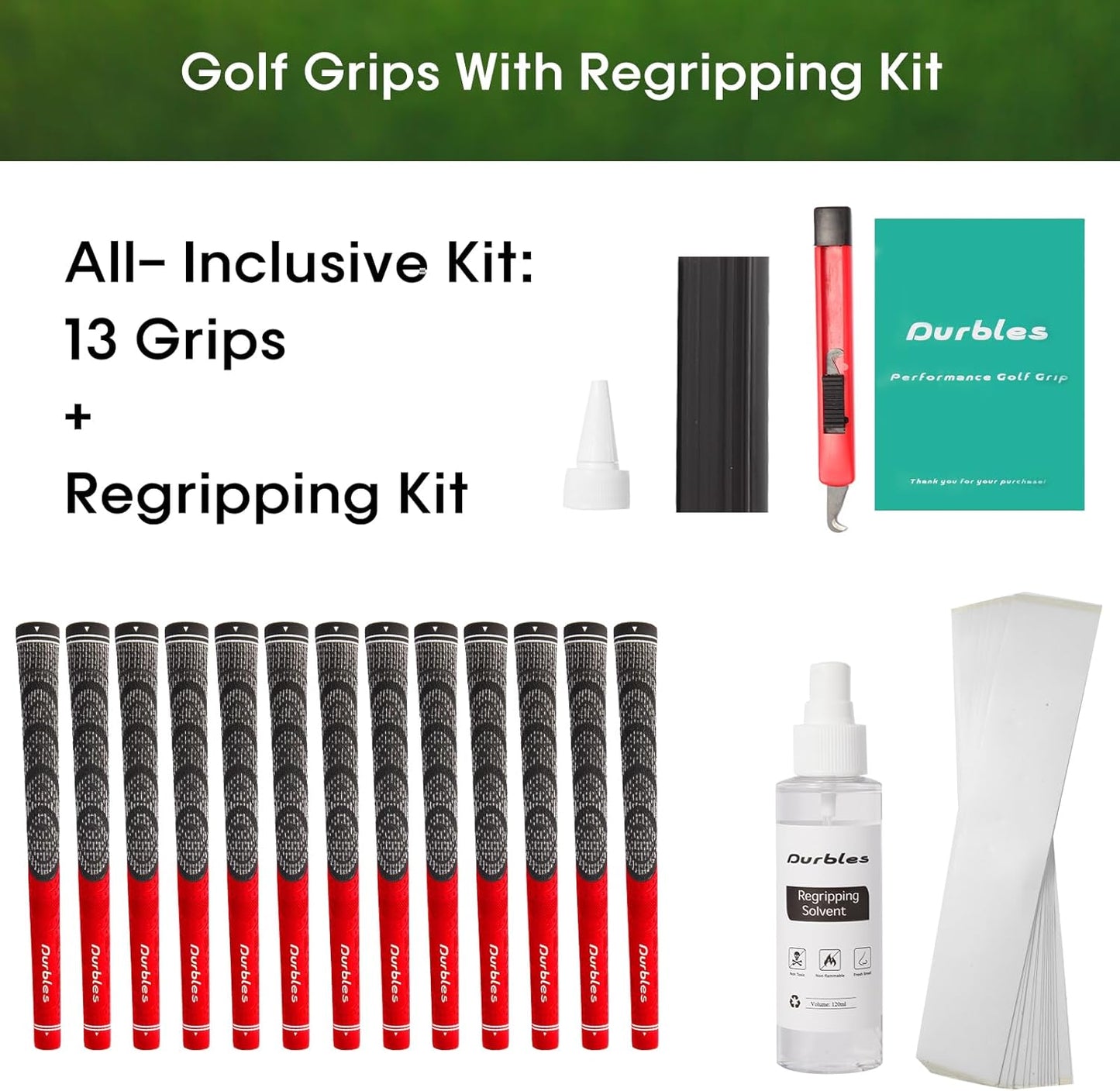 Golf Grips with Regripping Kit – All Weather Multi-Compound Golf Club Grips for Men & Women – Corded Rubber Grip Set – Standard & Midsize Wood and Iron Grip Kit – All Level Golfing Accessories