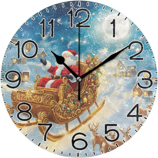 ALAZA Christmas Santa Claus Elk Moon House Wall Clock Battery Operated Non Ticking Silent Quartz Analog Rustic Farmhouse Round Clock Retro Decor for Home Kitchen Living Room Bathroom