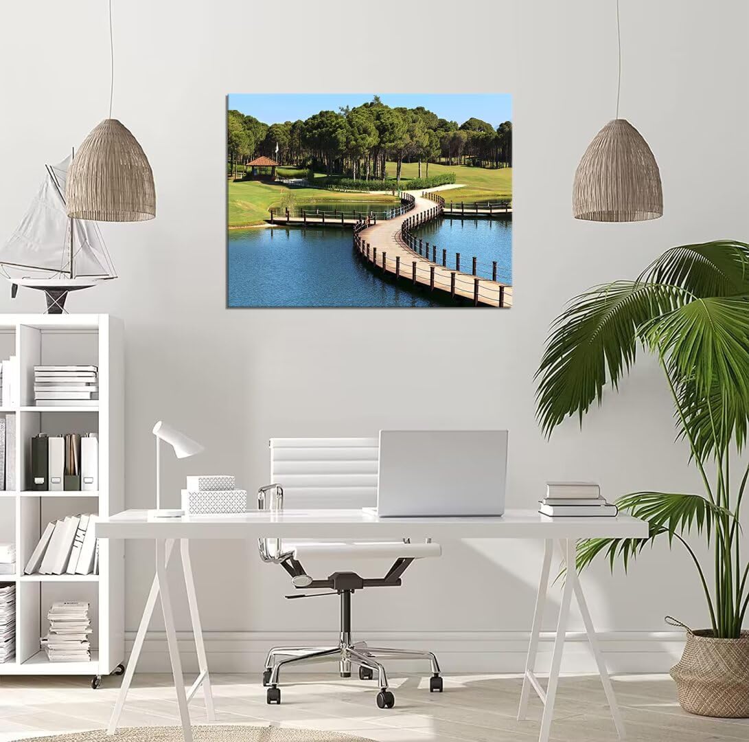 HJY Art USA Golf Course Wall Art Pictures Golf Club Wall Decor Blue Green Painting Poster for Home Decor Living Room Bedroom Bathroom Office Gym Landscape Framed Artwork Ready to Hang (28 x 44 inch)