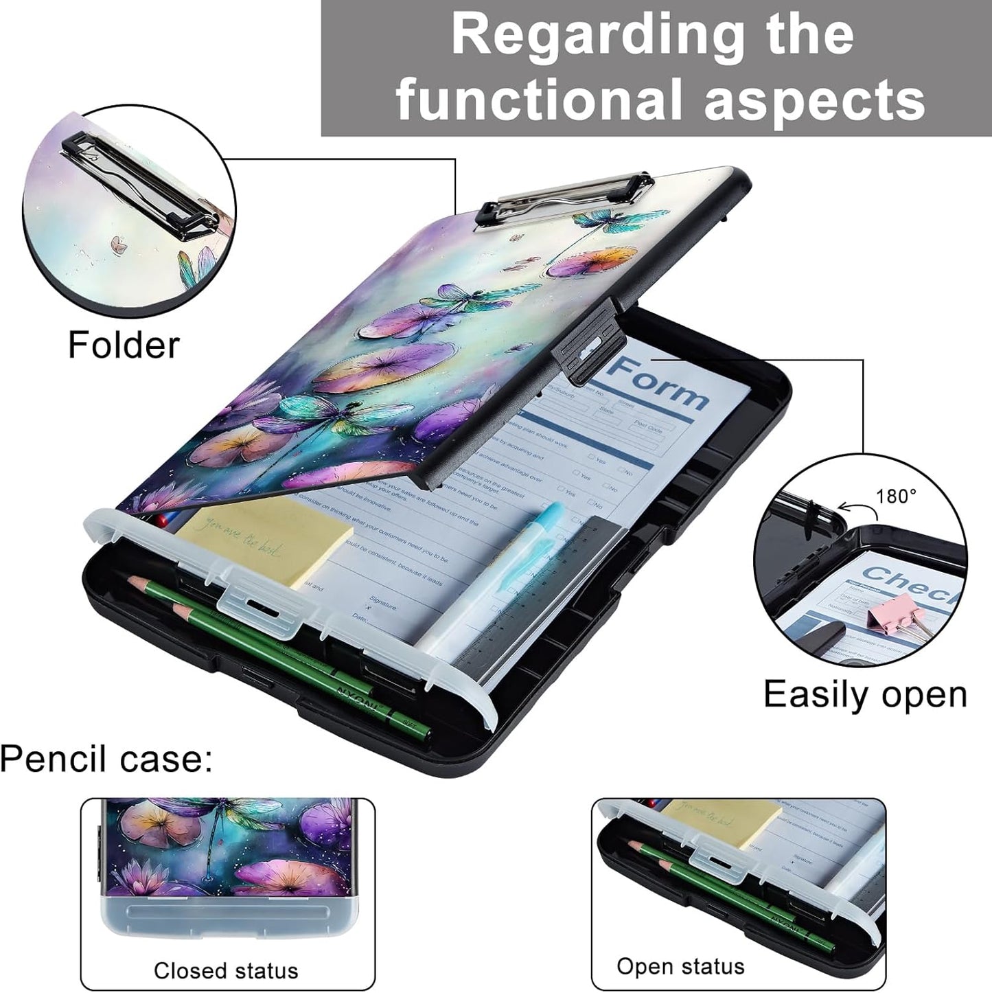 Clipboard with Storage - Large Capacity,Nursing Clipboard with Pen Holder,Heavy Duty,Plastic Side-Opening Folder for Teacher,Nurse - Watercolor Dragonflies