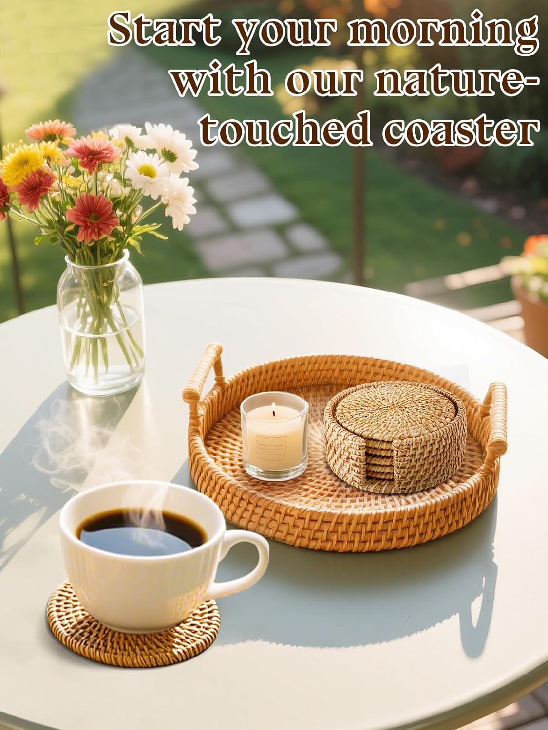 6pcs Natural Handmade Rattan Coasters with Holder - Wicker Drink Coasters Set for Protecting Table, Housewarming Gifts Boho Fall Home Decor