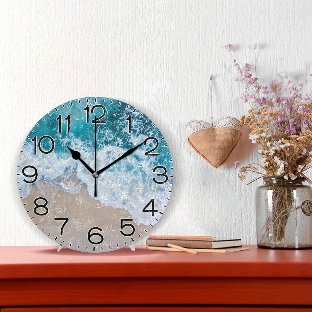 Beach Waves Wall Clock Battery Operated Non Ticking Silent Quartz Analog Rustic Farmhouse Round Clock Retro Decor for Home Kitchen Living Room Bathroom