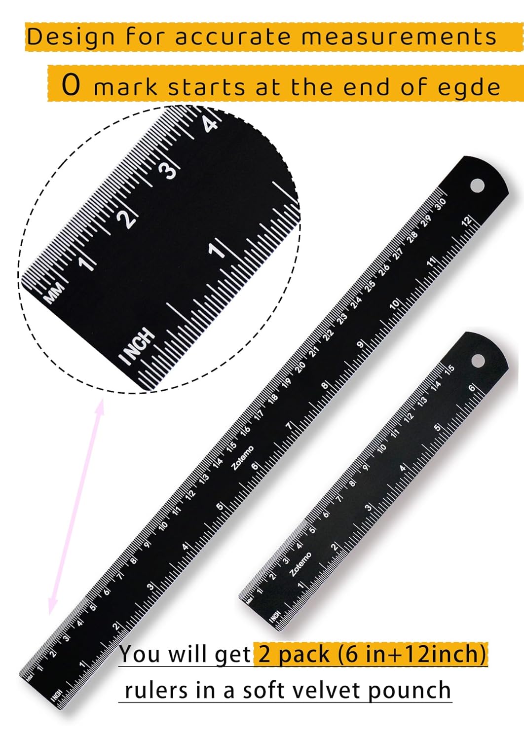 Metal Rulers, 6 and 12 Inch Aluminum Scales with Imperial and Metric Measurements, Laser Etched, Easy to Read, 0 Starts at The end, 2 Pack