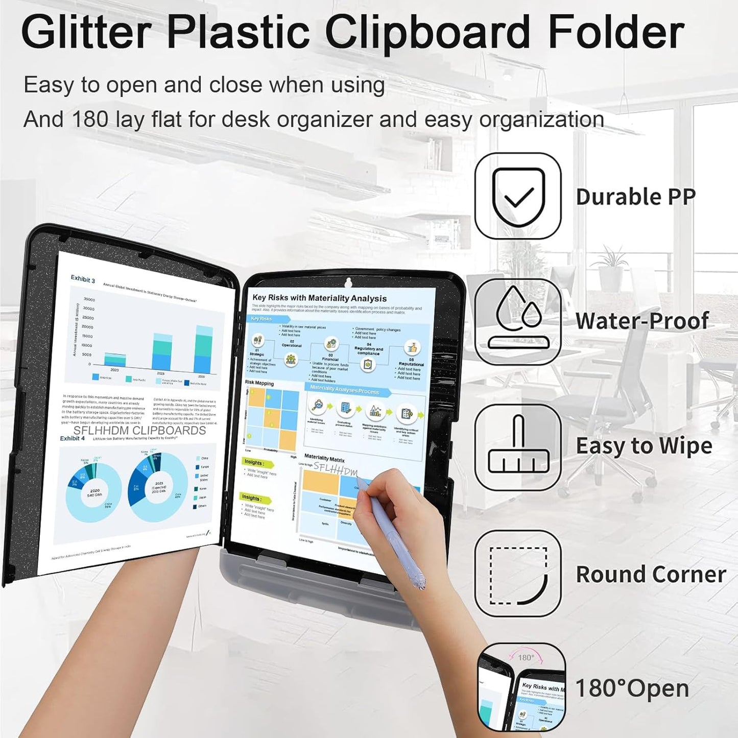 Glitter Clipboard with Storage,Storage Clipboard with Pen Holder,A4 Binder Clip Boards 8.5x11 with Low Profile Clip,Side Opening Sparkle Clipboards, Clipboards Folder for Office Supplies-Starry Black