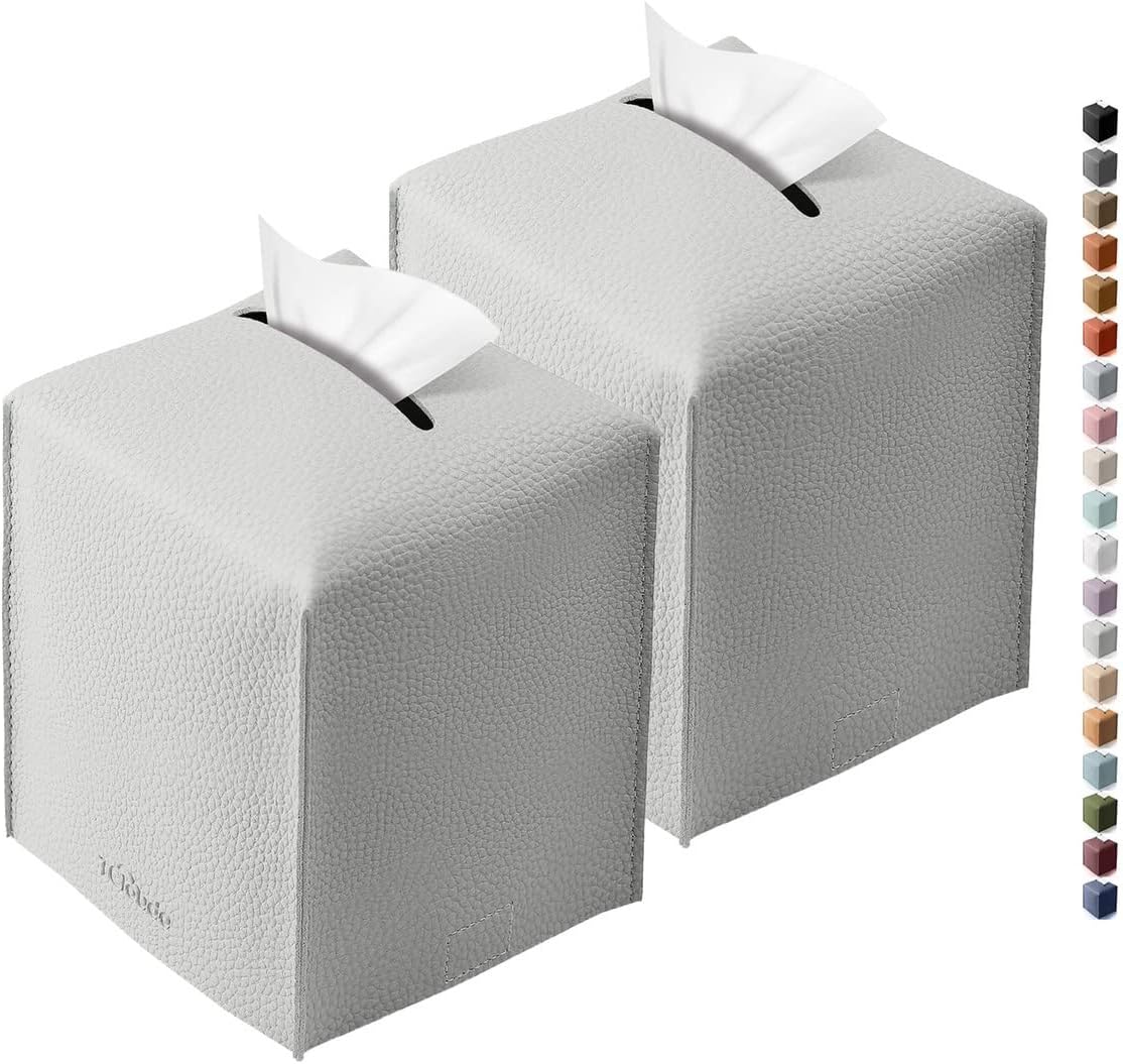 Tissue Box Cover for PU Leather, Modern Simple Solid Color Holder Square Tissue Bag, Ideal for Bathrooms,Office,Car,Outdoor Tent,Dining Table,5"X5"X5", Double Light Grey