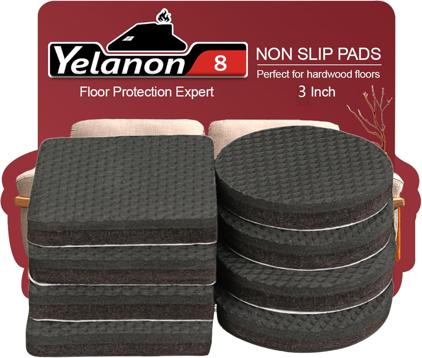 Yelanon Non Slip Furniture Pads – 8pcs 3" Rubber Furniture Pads (4 Round + 4 Square), Anti Slip Furniture Grippers for Hardwood Floors, Floor Protectors to Prevent Sliding & Scratches