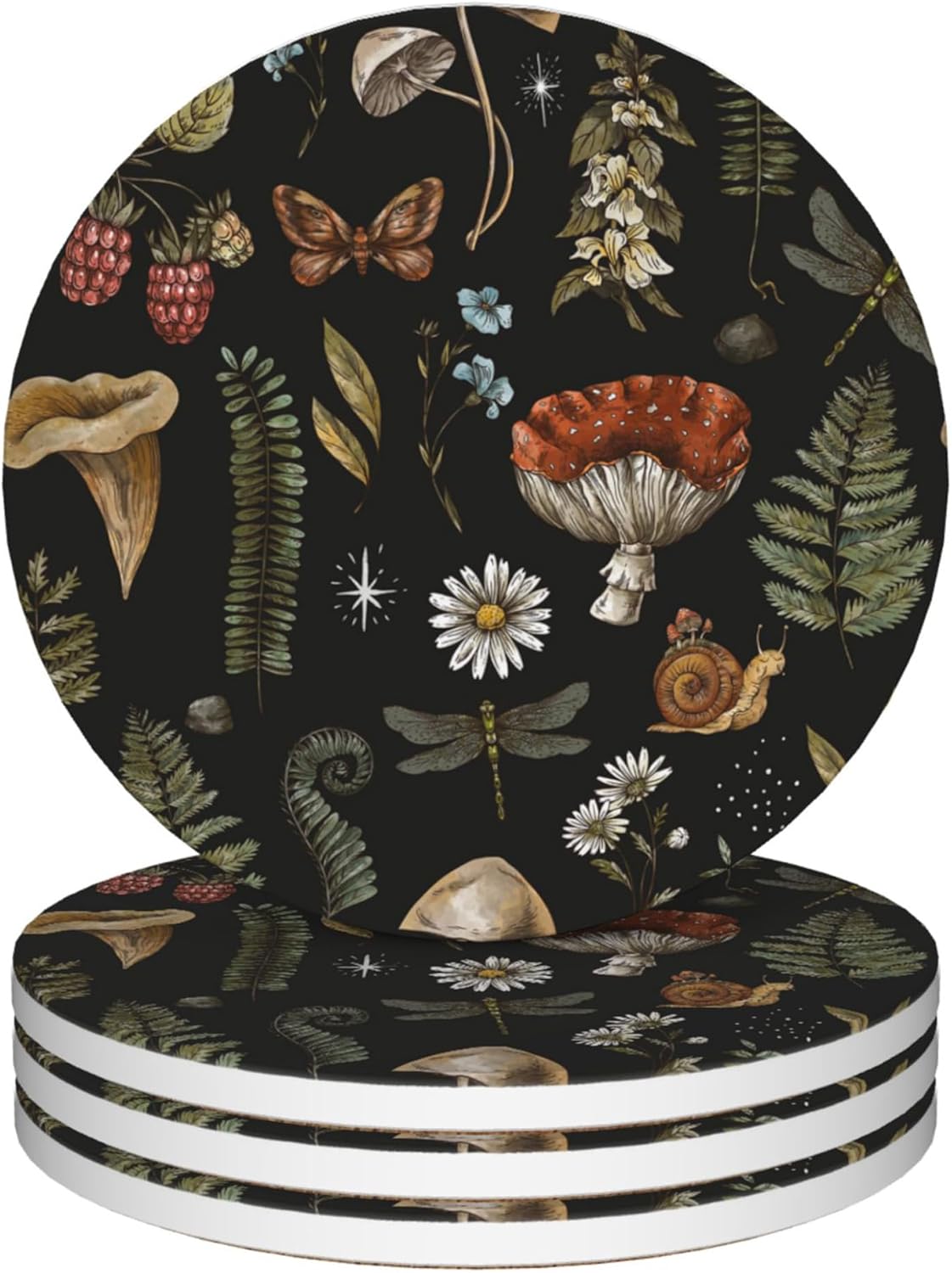 Coasters for Drinks, Set of 4 Absorbent Ceramic Coasters, Vintage Mushroom Plants Design, Non-slip Cork Base, Green, Black, Round