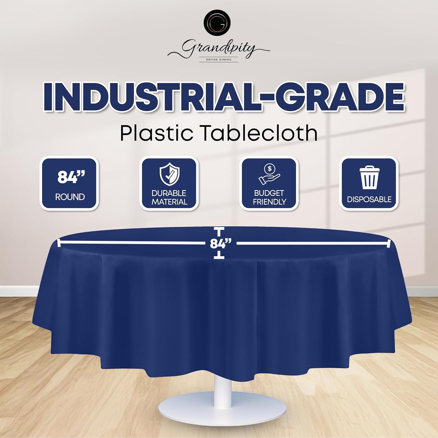 Grandipity 12 Pack Premium Disposable Plastic Tablecloth 84" Inch Decorative Round Table Cover - Navy Blue