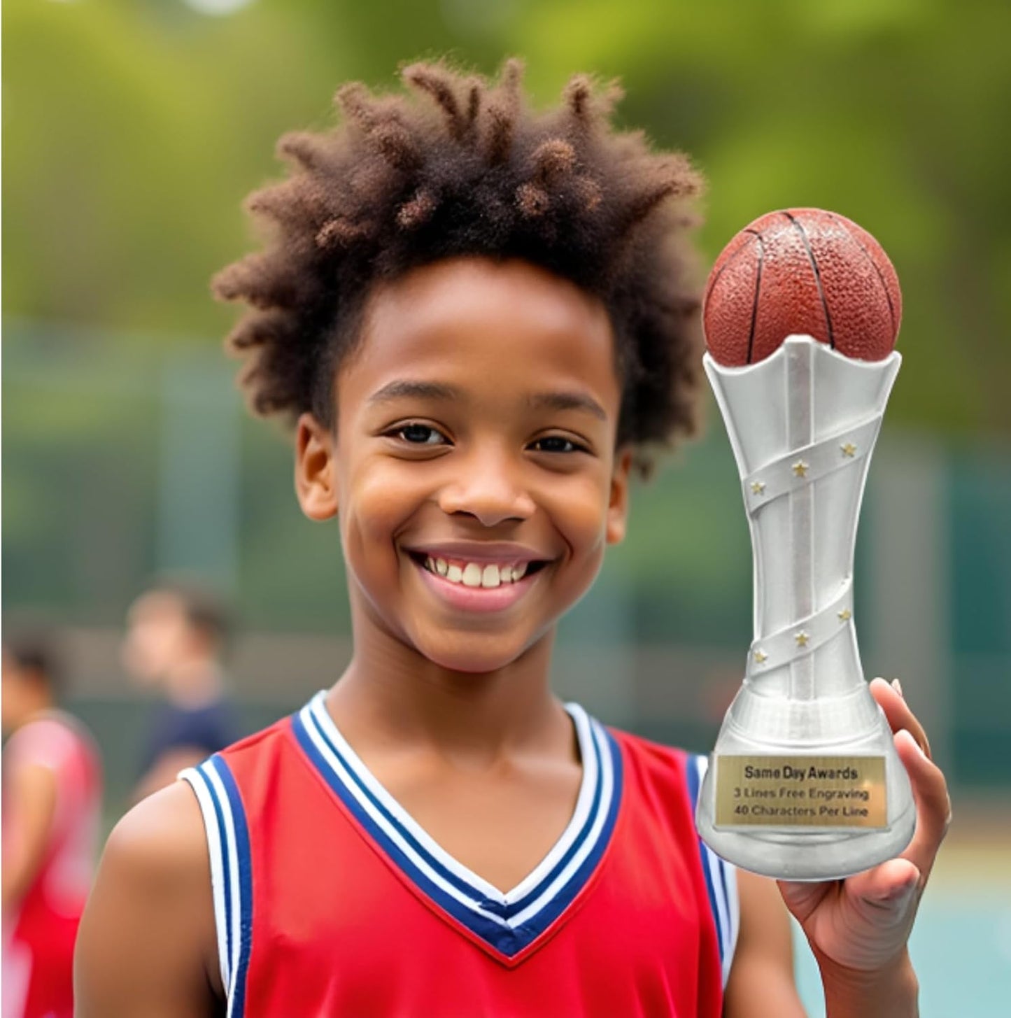 Victory Premium Basketball Trophy – Silver Design with Gold Star Accents and Realistic Ball – Free Custom Engraving Recognition Award for Players Coaches Teams MVPs and Championships