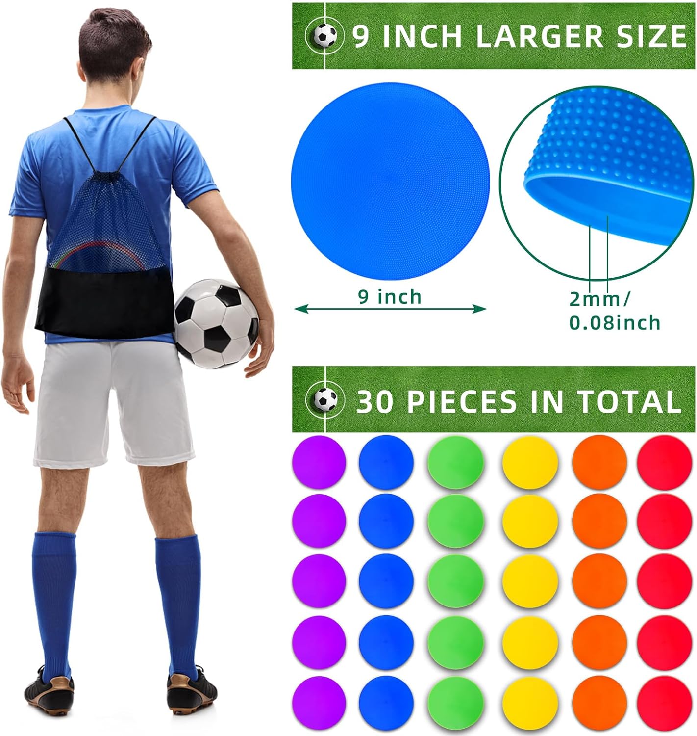 12/24Pcs Poly Spot Markers 9 inch Non-Slip Rubber Agility Training Markers Floor Dots Flat Field Cones for Football Basketball Soccer School Exercise Drills Gym Dance Practice 6 Colors