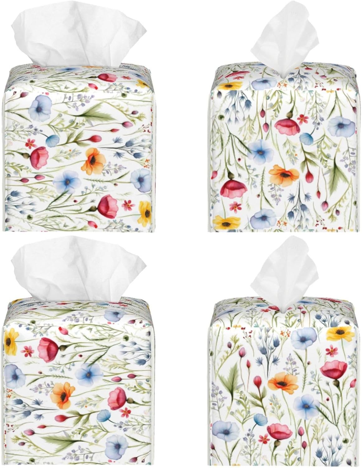 Tissue Box Cover Colorful Wildflower Floral Square PU Leather Tissue Box Holder for Car Bathroom Bedroom Desk Tabletop Decor