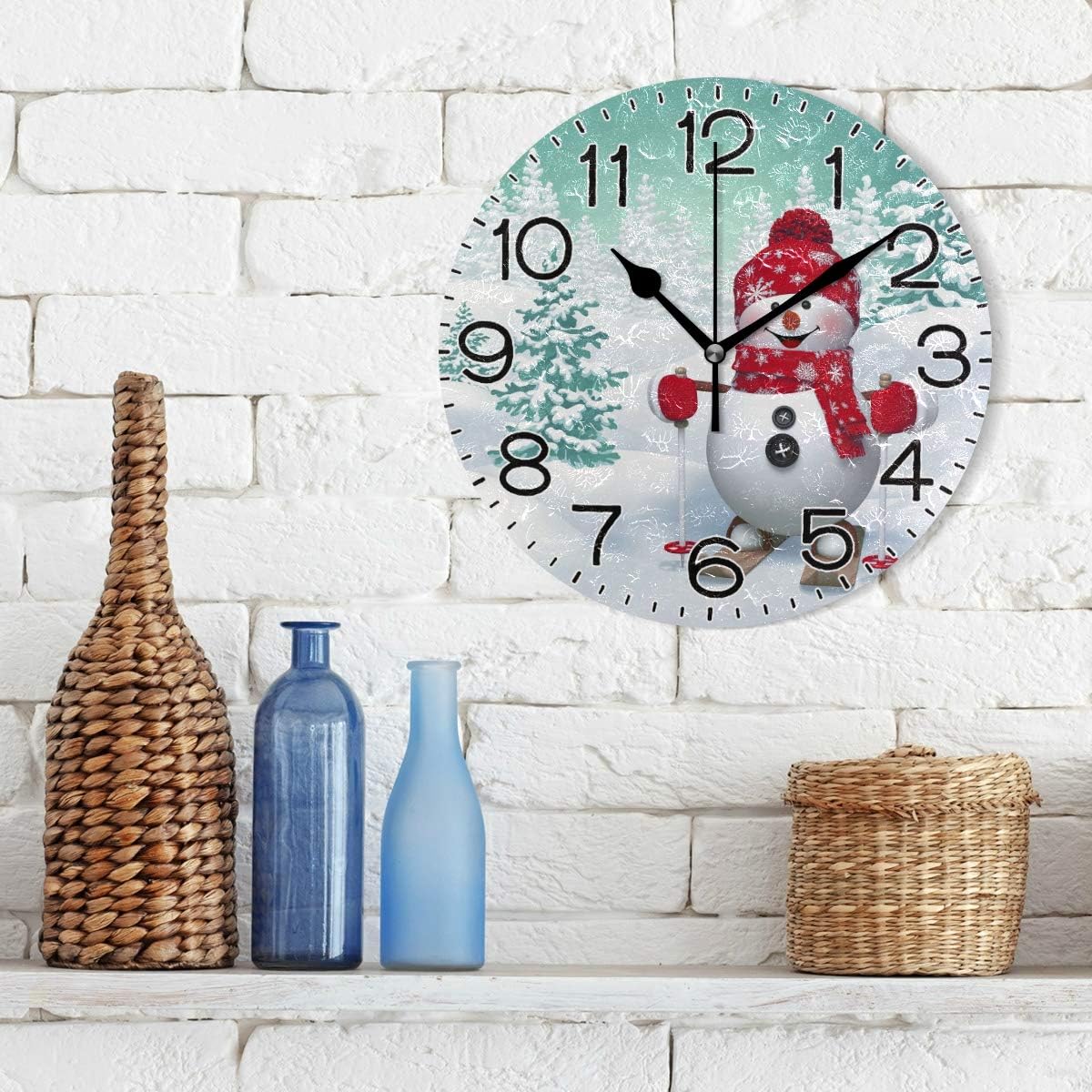 Funny Snowman Skiing Wall Clock Battery Operated Non Ticking Silent Quartz Analog Rustic Farmhouse Round Clock Retro Decor for Home Kitchen Living Room Bathroom