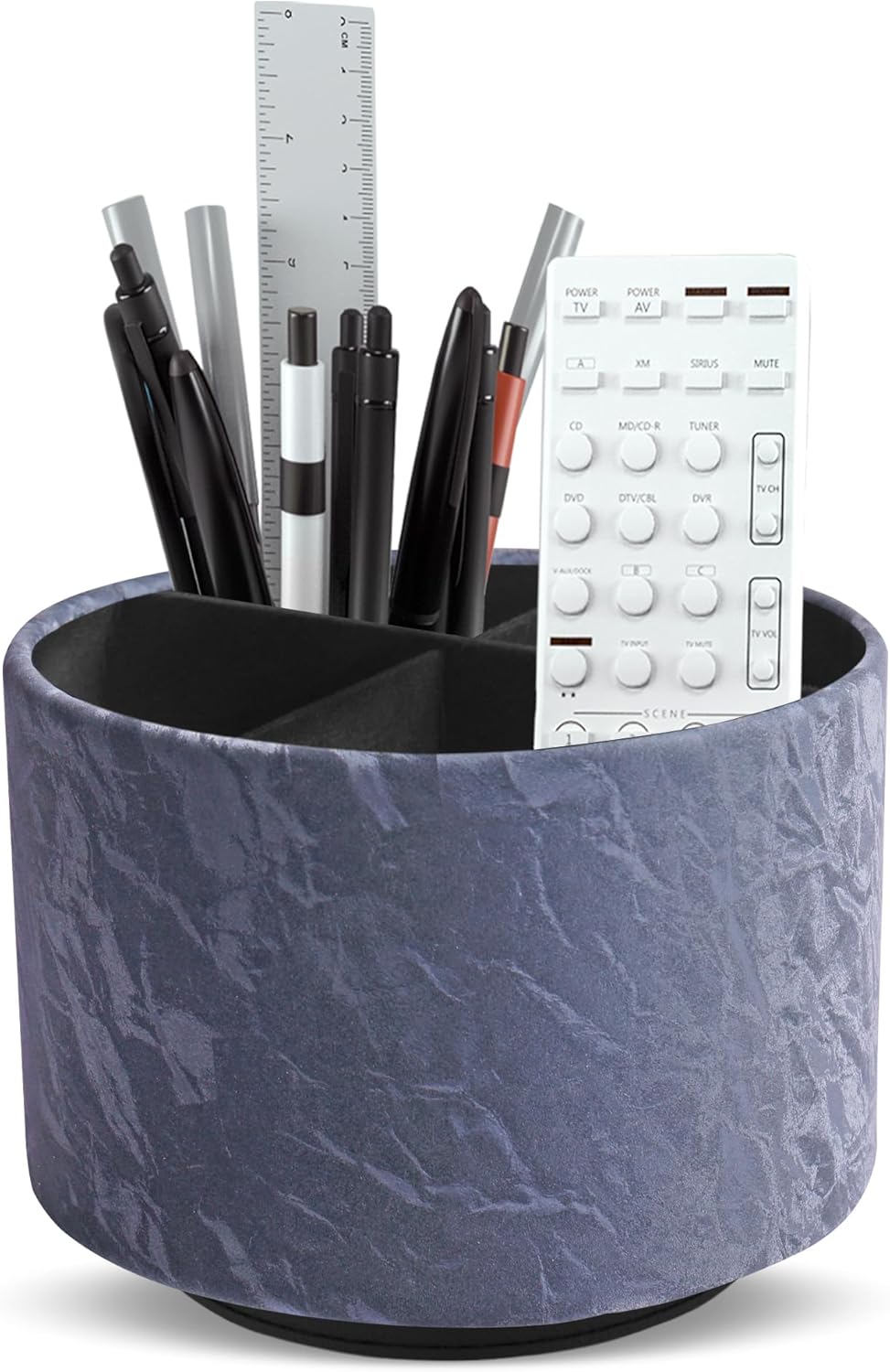 Hennaja Round Leather Art Supply Organizer,Remote Control Holder,360 Degree Spinning,Multi-Functional Pencil Holder,4 Compartments Desktop Stationary Organizer(1-Hill Blue)