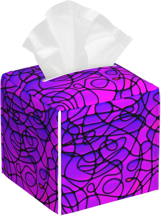 Tissue Box Cover Square,Abstract Purple Stained Glass Tissue Box Holder Waterproof Leather Facial Paper Case Modern Home Decoration for Bedroom Dresser Night Stand Office Desk