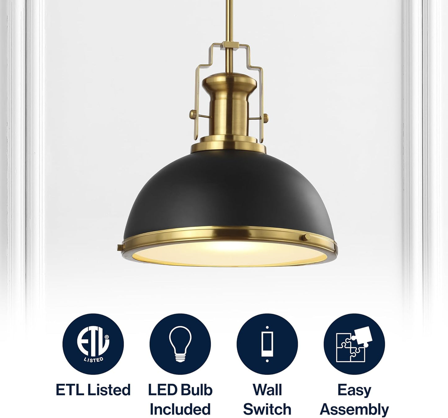 JONATHAN Y JYL9536A Homer 13" 1-Light Modern Industrial Iron LED Dome Pendant, Classic, Cottage, Farmhouse, Industrial, Rustic, Transitional, Office, Living Room, Kitchen, Foyer, Black/Brass Gold