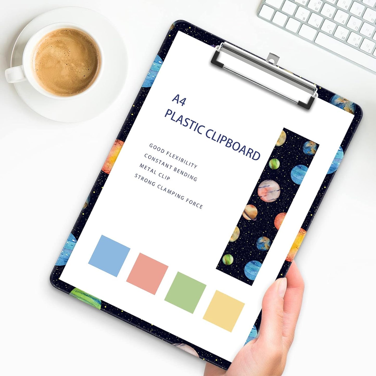 Plastic A4 Clipboards, Cute Clip Board Stardard Letter Size 9 x 12.5 in, Office Decorative for Students Women Men and Kids, Planet