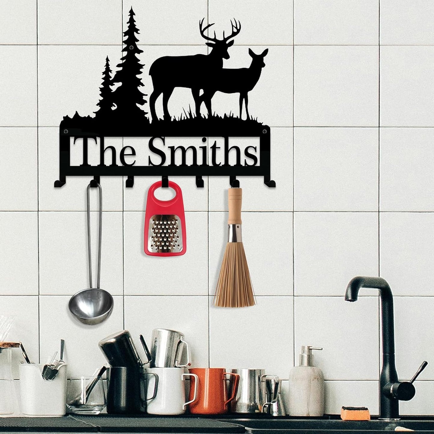 Personalized Family Name Metal Wall Sign With Hooks - Custom Rustic Deer Forest Key Rack Key Hanger for Entryway, Cabin, or Farmhouse Decor