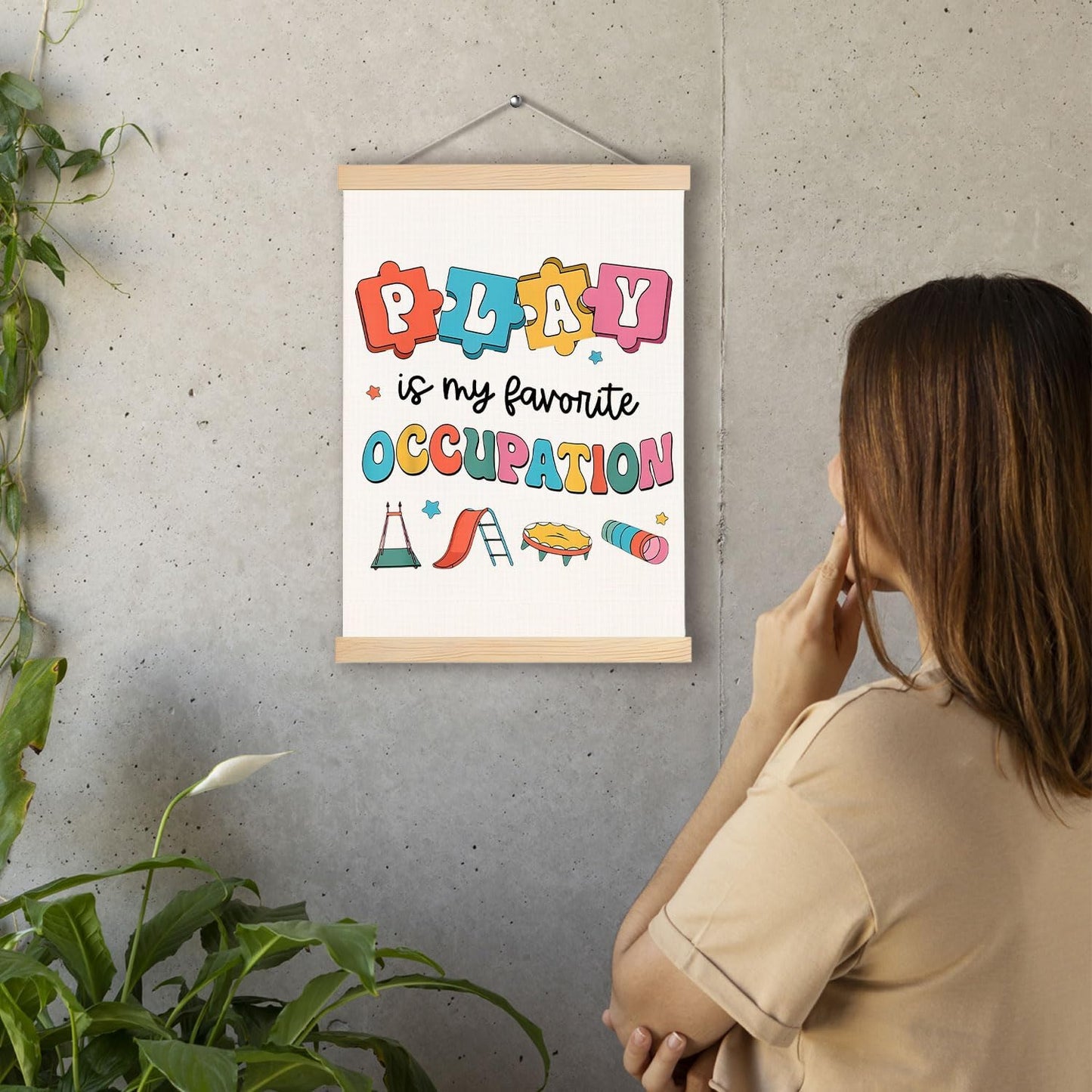 Occupational Therapy Posters, Play is My Favorite Occupation Wall Art With Wooden Poster Hanger, Occupational Therapy OTA Decor for Classroom Playroom Nursery School, 12.5x17 Inch