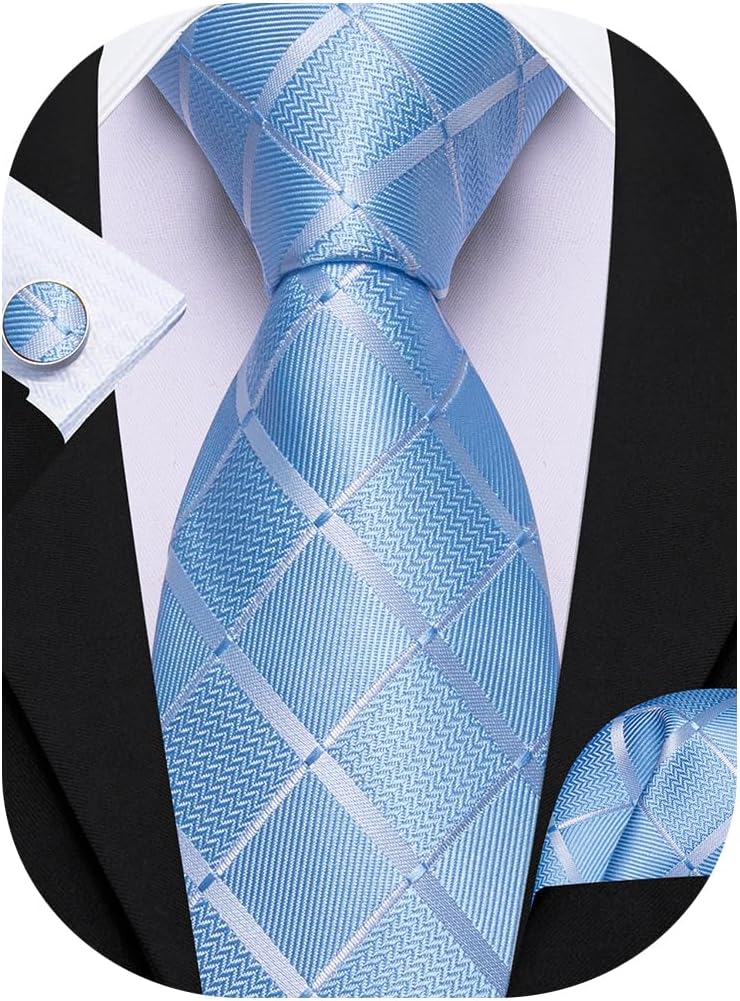 Barry.Wang Designer Classic Ties for Men Set Formal Pocket Square Cufflink Check Plaid