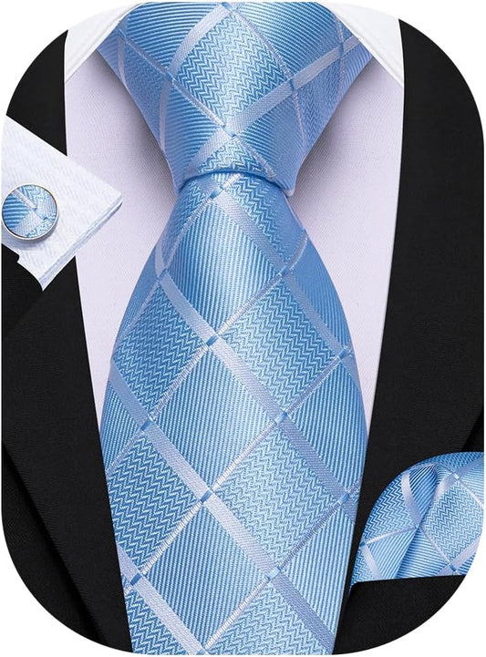 Barry.Wang Designer Classic Ties for Men Set Formal Pocket Square Cufflink Check Plaid