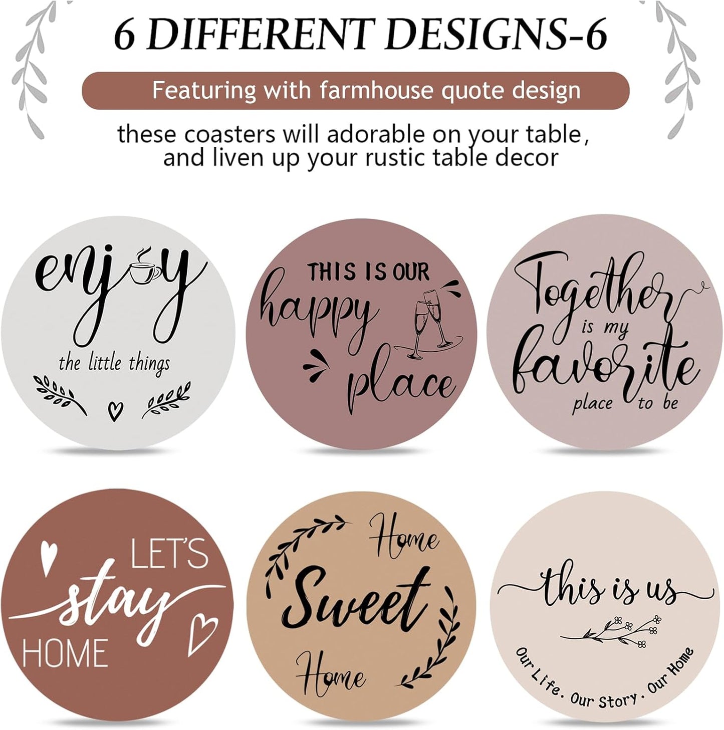 Queekay Housewarming Gifts for Home Decoration Wooden Heart Coasters for Drinks 6 Set Farmhouse Coasters with Holder Funny for Family Coffee Table Protection, 4''(Light Brown)