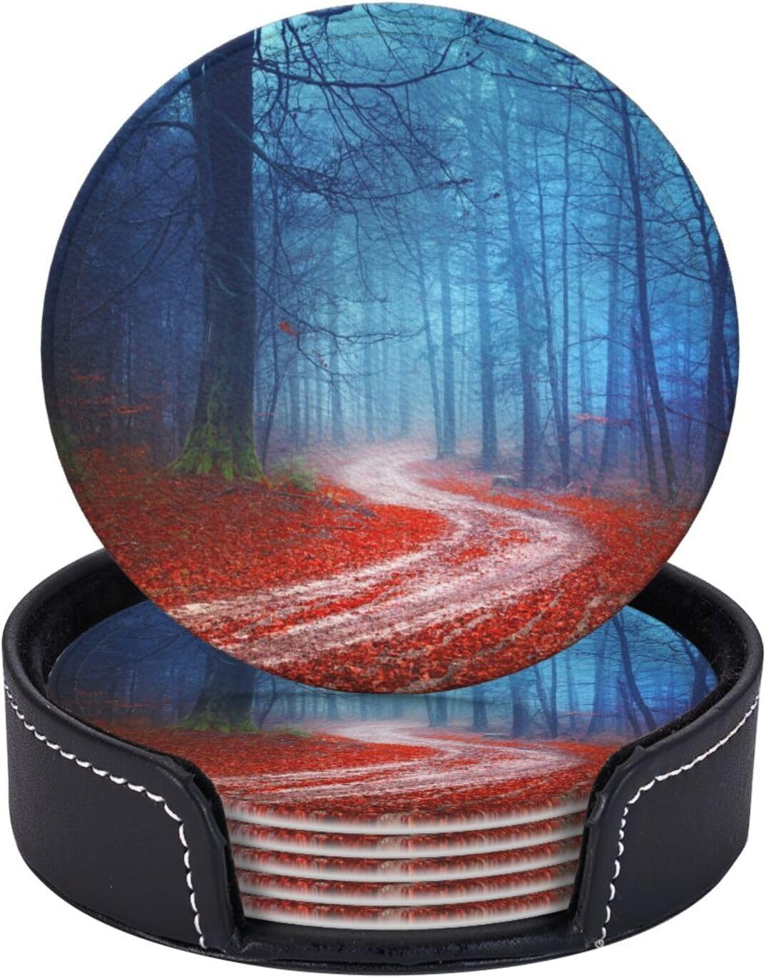 Autumn Forest Misty Road Landscape Coasters for Drinks Round Leather Coaster with Holder Set of 6 for Tabletop Protection Desk Accessories Office Home Room Decor