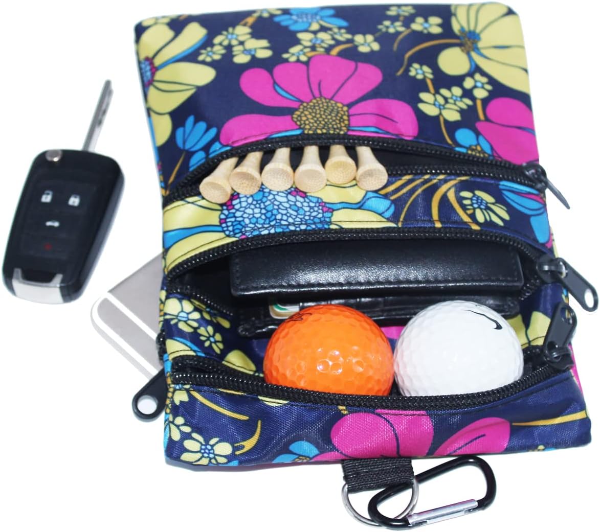 Golf valuables Pouch, Zipper Golf Ball Bag with 4 Pockets, Golf Accessories Pouch for Storing Balls,tees,Mobile Phone,Keys, Cards and Cash, Great Gift for Golfers
