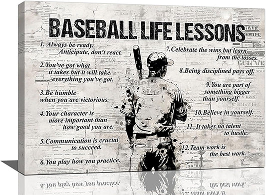 Baseball Sports Wall Art Baseball Life Lessons Wall Decor Baseball Sign Retro Poster Boy Men Room Motivational Decorations Canvas Print Painting Artwork for Bedroom Bathroom Living Room 24"x20"