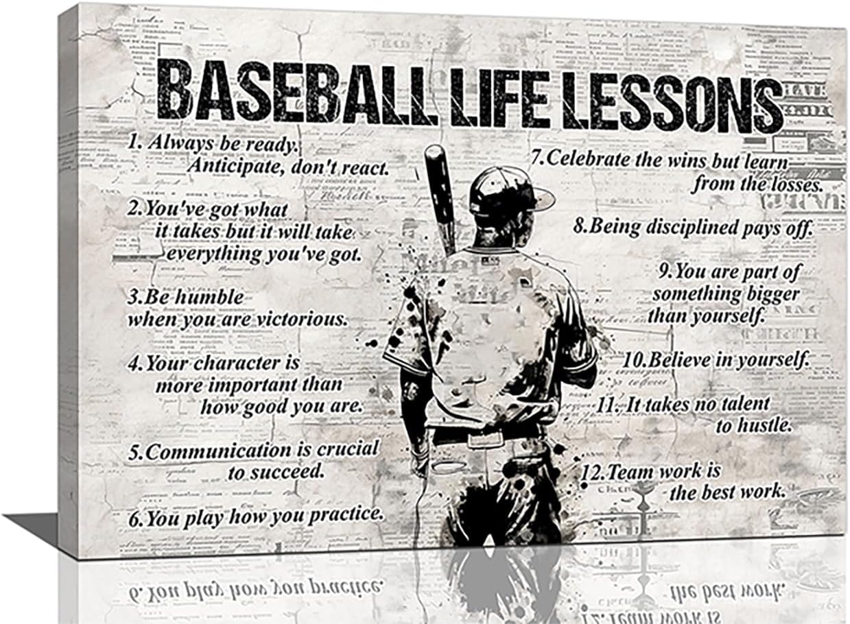 Baseball Sports Wall Art Baseball Life Lessons Wall Decor Baseball Sign Retro Poster Boy Men Room Motivational Decorations Canvas Print Painting Artwork for Bedroom Bathroom Living Room 24"x16"