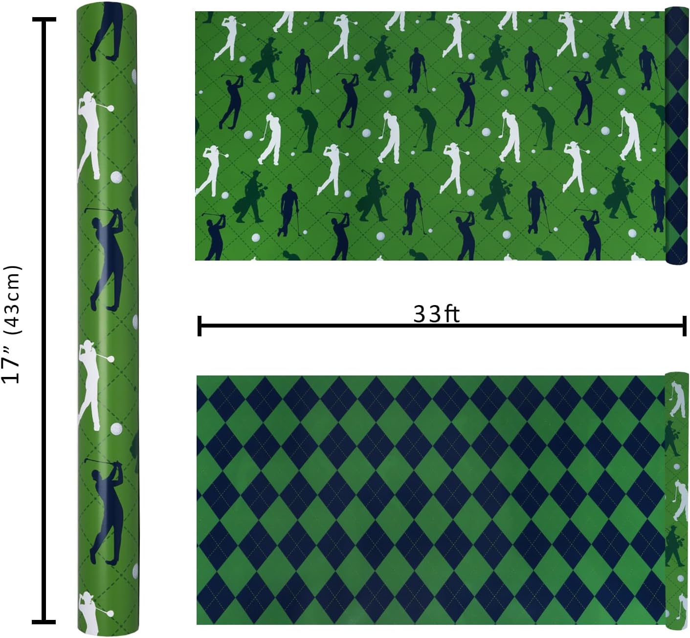 LaRibbons Golf Reversible Wrapping Paper Mini Roll, Green Golf and Plaid Design, Perfect for Men, Sports Party, Birthday, Father's Day, Team Celebration, 17" x 33' (46.7 sq. ft)