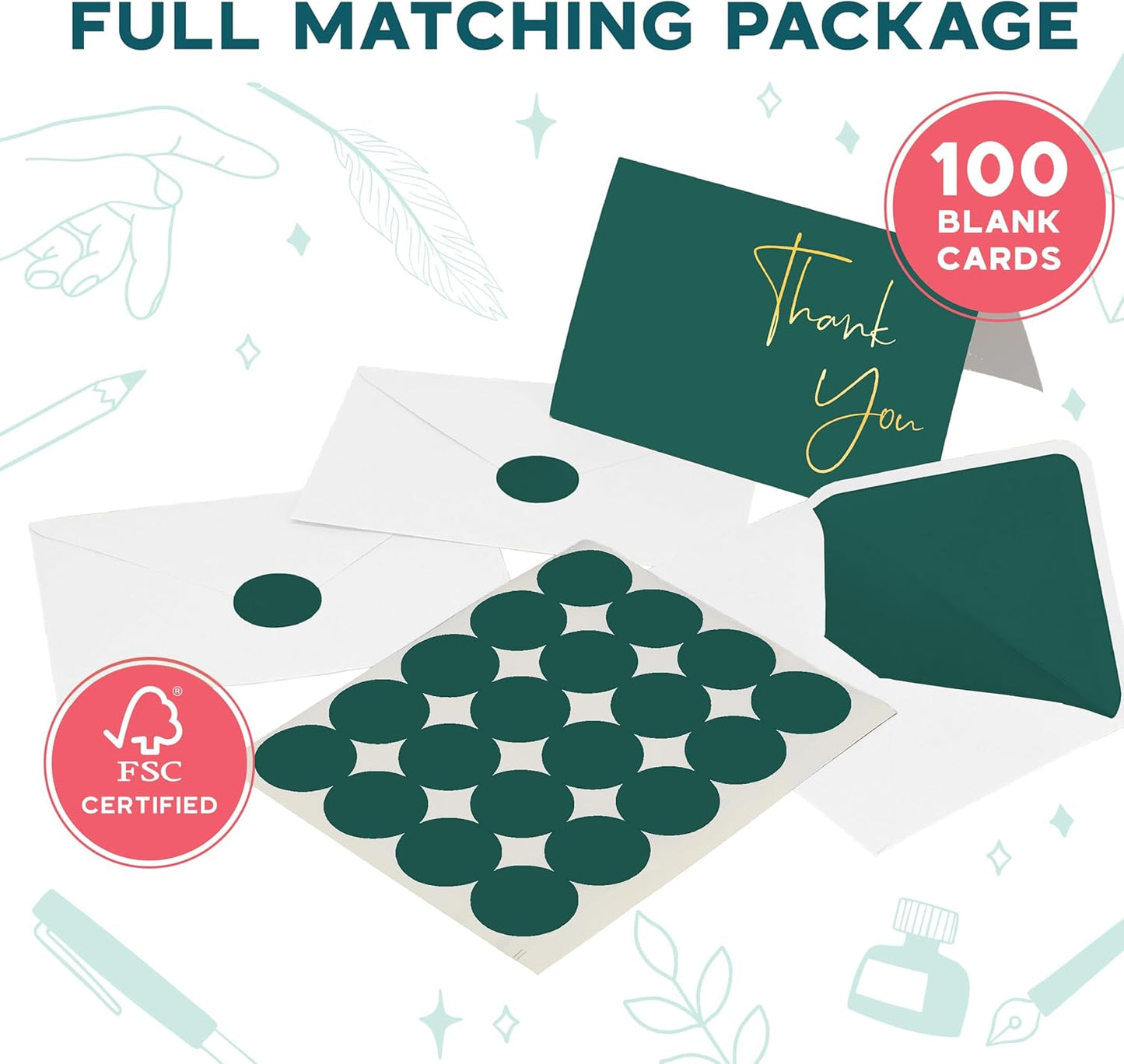 VNS Creations Gold Foil Thank You Cards With Envelopes Bulk Set & Stickers - 100 Pack 4x6 Blank Thank You Notes Set - Large Note Card Small Business, Wedding, Baby Shower & Bridal Shower - Post Green