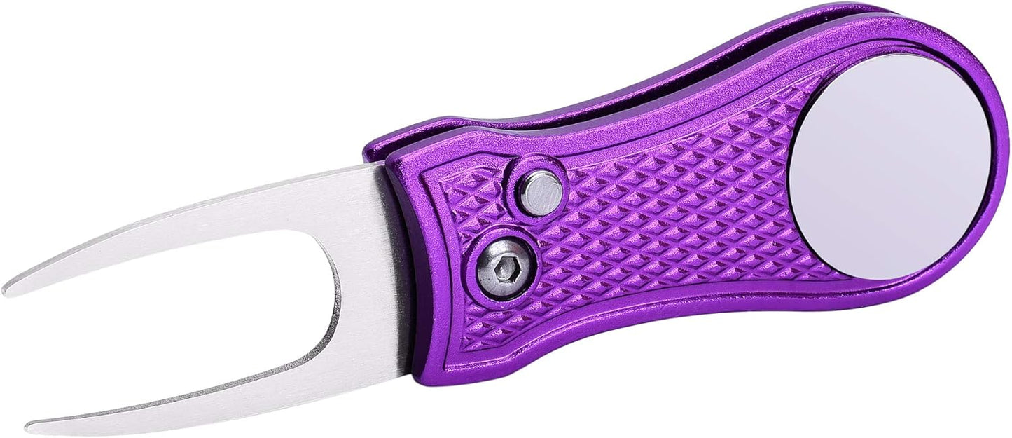 Mile High Life Golf Divot Repair Tool, All Metal Foldable Divot Tool with Pop-up Button & Magnetic Ball Marker
