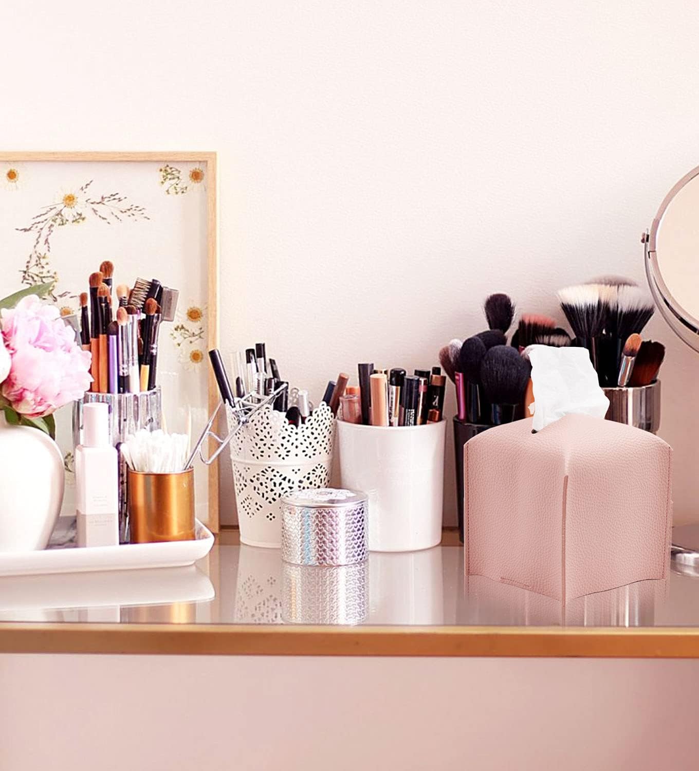 Livelab Tissue Box Cover Holder, Square Modern Decoration PU Leather Facial Tissues Case Roll Paper Dispenser for Bathroom Vanity Countertop, Night Stands, Office Desk Car 5X5X5'' | Pink