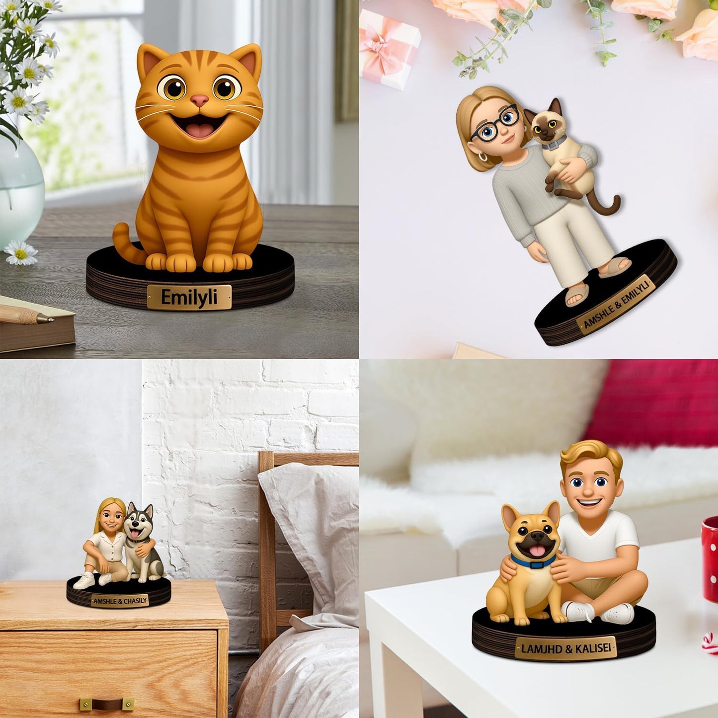 Personalized Pet Cartoon Photo Sculpture Ornament Custom Name 2D Acrylic Desk Photo Figurine Decor Gift for Cat Dog Owner Family Birthday Xmas Anniversary (Style 3)